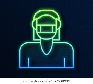 Glowing neon line Woman face in a medical protective mask icon isolated on blue background. Quarantine.  Vector