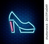 Glowing neon line Woman shoe with high heel icon isolated on brick wall background. Colorful outline concept. Vector