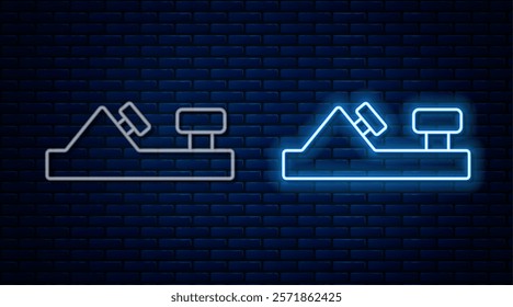 Glowing neon line Wood plane tool for woodworker hand crafted icon isolated on brick wall background. Jointer plane.  Vector