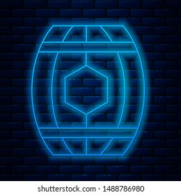 Glowing neon line Wooden barrel with honey icon isolated on brick wall background.  Vector Illustration