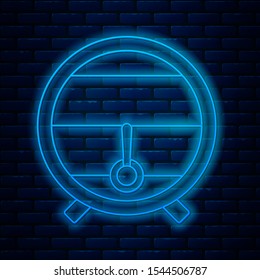 Glowing neon line Wooden barrel on rack with stopcock icon isolated on brick wall background.  Vector Illustration