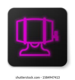 Glowing neon line Wooden barrel on rack with stopcock icon isolated on white background. Black square button. Vector Illustration
