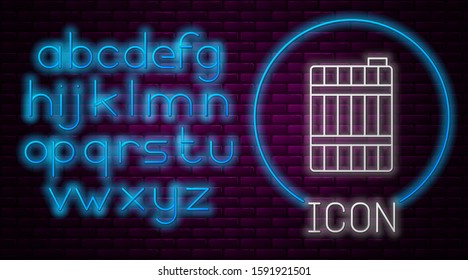 Glowing neon line Wooden barrel icon isolated on brick wall background. Alcohol barrel, drink container, wooden keg for beer, whiskey, wine. Neon light alphabet. Vector Illustration