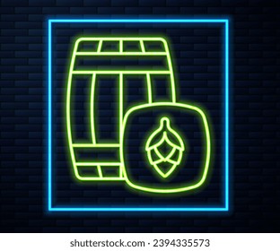 Glowing neon line Wooden barrel icon isolated on brick wall background. Alcohol barrel, drink container, wooden keg for beer, whiskey, wine.  Vector