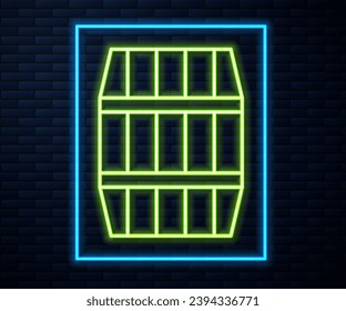 Glowing neon line Wooden barrel icon isolated on brick wall background. Alcohol barrel, drink container, wooden keg for beer, whiskey, wine.  Vector Illustration