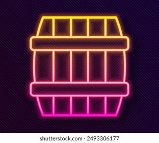 Glowing neon line Wooden barrel icon isolated on black background. Alcohol barrel, drink container, wooden keg for beer, whiskey, wine.  Vector