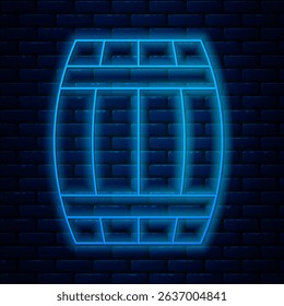 Glowing neon line Wooden barrel icon isolated on brick wall background. Alcohol barrel, drink container, wooden keg for beer, whiskey, wine.  Vector