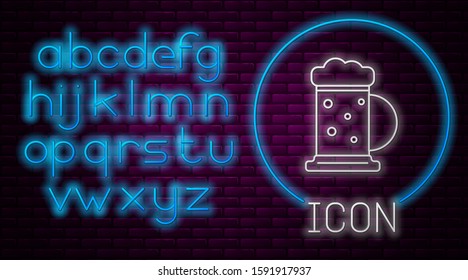 Glowing neon line Wooden beer mug icon isolated on brick wall background. Neon light alphabet. Vector Illustration