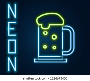 Glowing neon line Wooden beer mug icon isolated on black background. Colorful outline concept. Vector Illustration