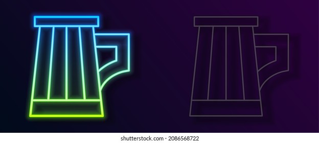 Glowing neon line Wooden beer mug icon isolated on black background.  Vector