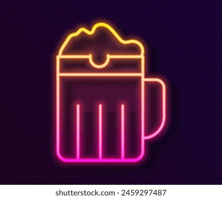 Glowing neon line Wooden beer mug icon isolated on black background.  Vector