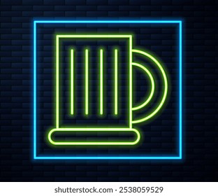 Glowing neon line Wooden beer mug icon isolated on brick wall background.  Vector Illustration