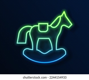 Glowing neon line Wooden horse in saddle swing for little children icon isolated on blue background.  Vector