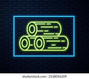Glowing neon line Wooden logs icon isolated on brick wall background. Stack of firewood.  Vector Illustration