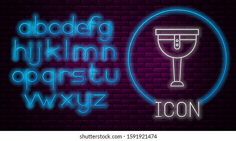 Glowing neon line Wooden pirate leg icon isolated on brick wall background. Neon light alphabet. Vector Illustration