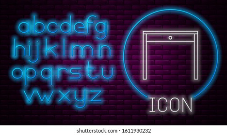 Glowing neon line Wooden table icon isolated on brick wall background. Neon light alphabet. Vector Illustration