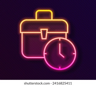 Glowing neon line Work time icon isolated on black background. Office worker. Working hours. Business briefcase.  Vector