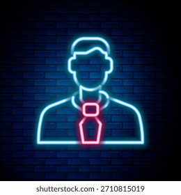 Icono de trabajador de línea de neón brillante aislado en el fondo de la pared de ladrillo. Icono de perfil de usuario de símbolo de avatar empresarial. Signo de usuario masculino. Concepto de contorno colorido. Vector