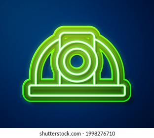 Glowing neon line Worker safety helmet icon isolated on blue background.  Vector