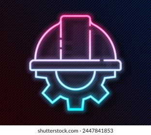 Glowing neon line Worker safety helmet and gear icon isolated on black background.  Vector Illustration