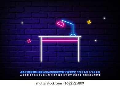 Glowing neon line of the workplace with a table lamp. Isolated against a brick wall. Desk office lamp. vector illustration