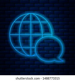 Glowing neon line World map made from speech bubble icon isolated on brick wall background. Global communication scheme on Earth.  Vector Illustration