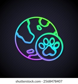 Glowing neon line World pet icon isolated on black background.  Vector