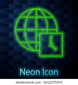 Glowing neon line World time icon isolated on brick wall background. Clock and globe.  Vector