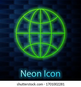 Glowing neon line Worldwide icon isolated on brick wall background. Pin on globe. Vector Illustration