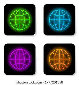 Glowing neon line Worldwide icon isolated on white background. Pin on globe. Black square button. Vector Illustration
