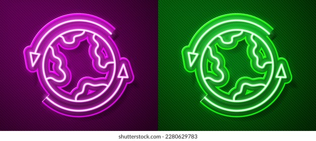 Glowing neon line Worldwide icon isolated on purple and green background. Pin on globe.  Vector