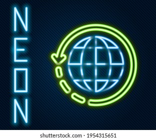 Glowing neon line Worldwide shipping and cardboard box icon isolated on black background. Colorful outline concept. Vector Illustration