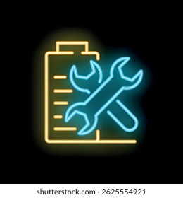 Glowing neon line wrench and screwdriver in gear icon isolated on black background. Symbol of car service. Neon light glowing concept. Vector