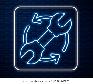 Glowing neon line Wrench spanner and arrows as workflow icon isolated on brick wall background. Adjusting, service, setting, maintenance, repair, fixing.  Vector Illustration