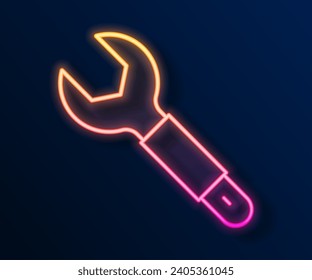 Glowing neon line Wrench spanner icon isolated on black background. Spanner repair tool. Service tool symbol.  Vector
