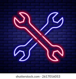 Glowing neon line Wrench spanner icon isolated on brick wall background. Spanner repair tool. Service tool symbol. Colorful outline concept. Vector