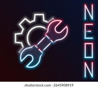 Linha de néon brilhante chave chave chave e ícone de engrenagem isolado no fundo preto. Ajuste, serviço, ajuste, manutenção, reparação, fixação. Conceito de contorno colorido. Ilustração de vetor