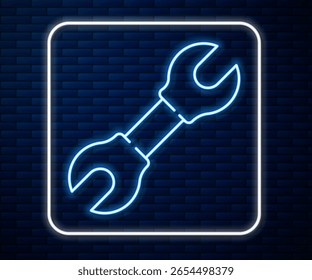 Glowing neon line Wrench spanner icon isolated on brick wall background.  Vector Illustration