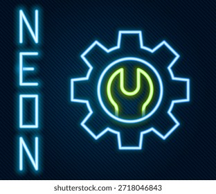 Linha de néon brilhante chave chave chave e ícone de engrenagem isolado no fundo preto. Ajuste, serviço, ajuste, manutenção, reparação, fixação. Conceito de contorno colorido. Ilustração de vetor