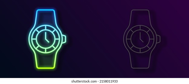 Glowing neon line Wrist watch icon isolated on black background. Wristwatch icon.  Vector