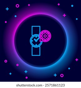 Glowing neon line Wrist watch and gear icon isolated on black background. Adjusting app, service concept, setting options, maintenance, repair, fixing. Colorful outline concept. Vector