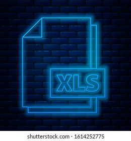 Glowing neon line XLS file document. Download xls button icon isolated on brick wall background. Excel file symbol.  Vector Illustration
