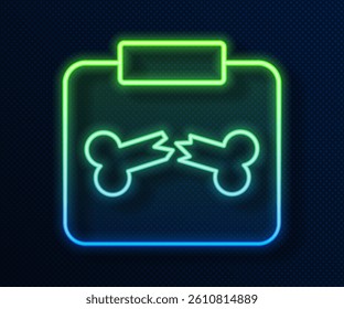 Glowing neon line X-ray shots with broken bone icon isolated on blue background.  Vector