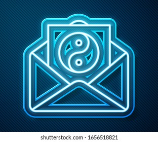 Glowing neon line Yin Yang and envelope icon isolated on blue background. Symbol of harmony and balance.  Vector Illustration