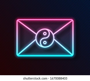 Glowing neon line Yin Yang and envelope icon isolated on black background. Symbol of harmony and balance.  Vector Illustration