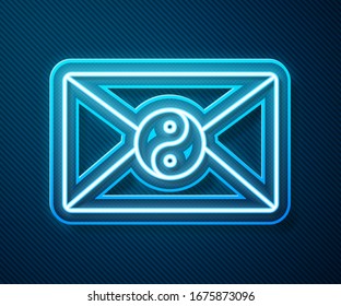 Glowing neon line Yin Yang and envelope icon isolated on blue background. Symbol of harmony and balance.  Vector Illustration