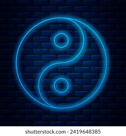 Glowing neon line Yin Yang symbol of harmony and balance icon isolated on brick wall background.  Vector