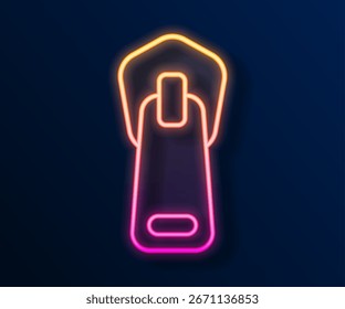 Icono de cremallera de línea de neón brillante aislado sobre fondo negro.  Vector