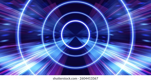 Glowing neon lines create a vibrant spectrum in an abstract 3D tunnel. Pink and blue colors form a circular portal leading into the unknown.	