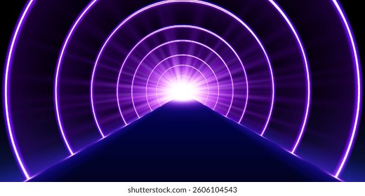 Glowing neon lines create a vibrant spectrum in an abstract 3D tunnel. Pink and blue colors form a circular portal leading into the unknown.